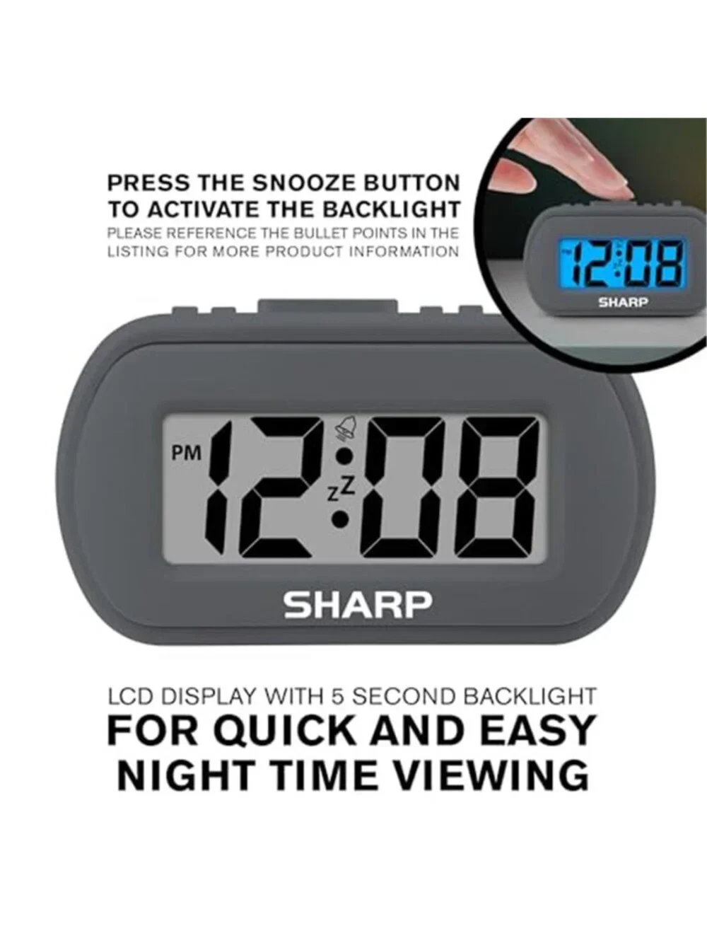 Bedside Digital Alarm Clock Battery Operated Black LCD Display Snooze Light